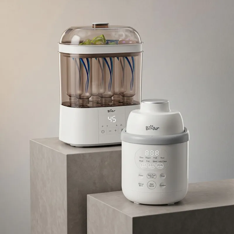 Bearforbaby bundle with stainless steel food maker and two-tier white bottle sterilizer
