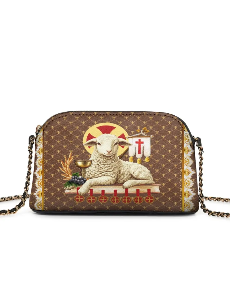 Catholight Agnus Dei Leather Crossbody Bag with gold chain strap and sacred artwork