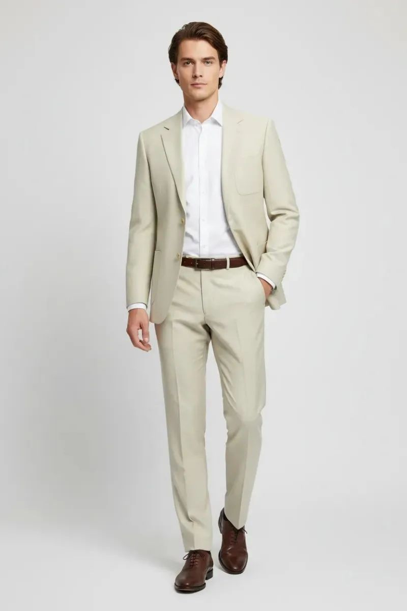Wehilion Men's Beige Linen 2 Piece Suits shown as a lightweight summer jacket and trousers