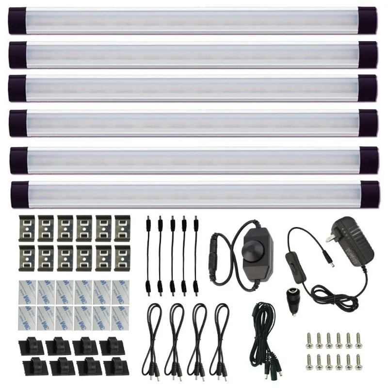 AIBOO 12V Linkable LED Under Cabinet Light Bar with Dimmer and Adapter 6 Lights showing six slim aluminum bars