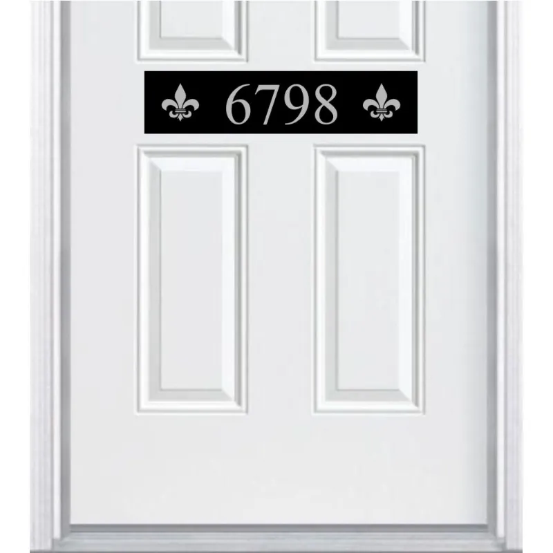 Deck the Door Decor Fleur de Lis Engraved Address Accent Plate showing French lily design with custom home number on anodized aluminum