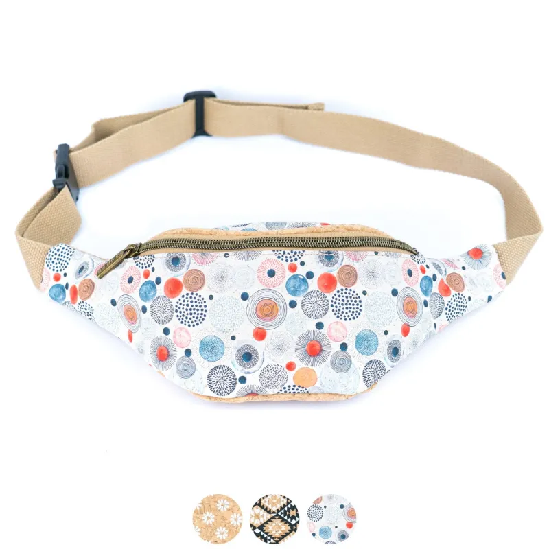 Corkadia Colorful Cork Waist Bag with vibrant circular print on natural cork, shown front view
