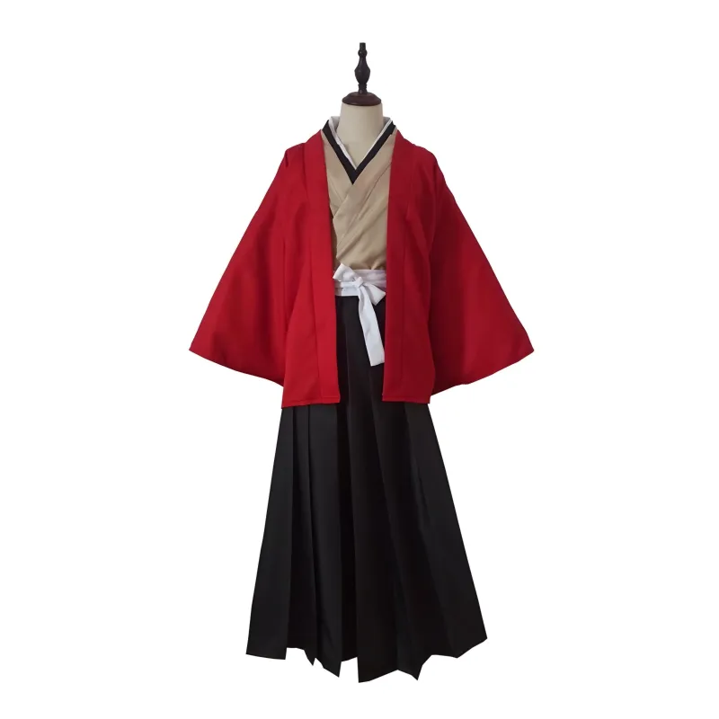 Foxtume Red Haori and Black Hakama Kimono Set featuring a red top and black pants on a model.