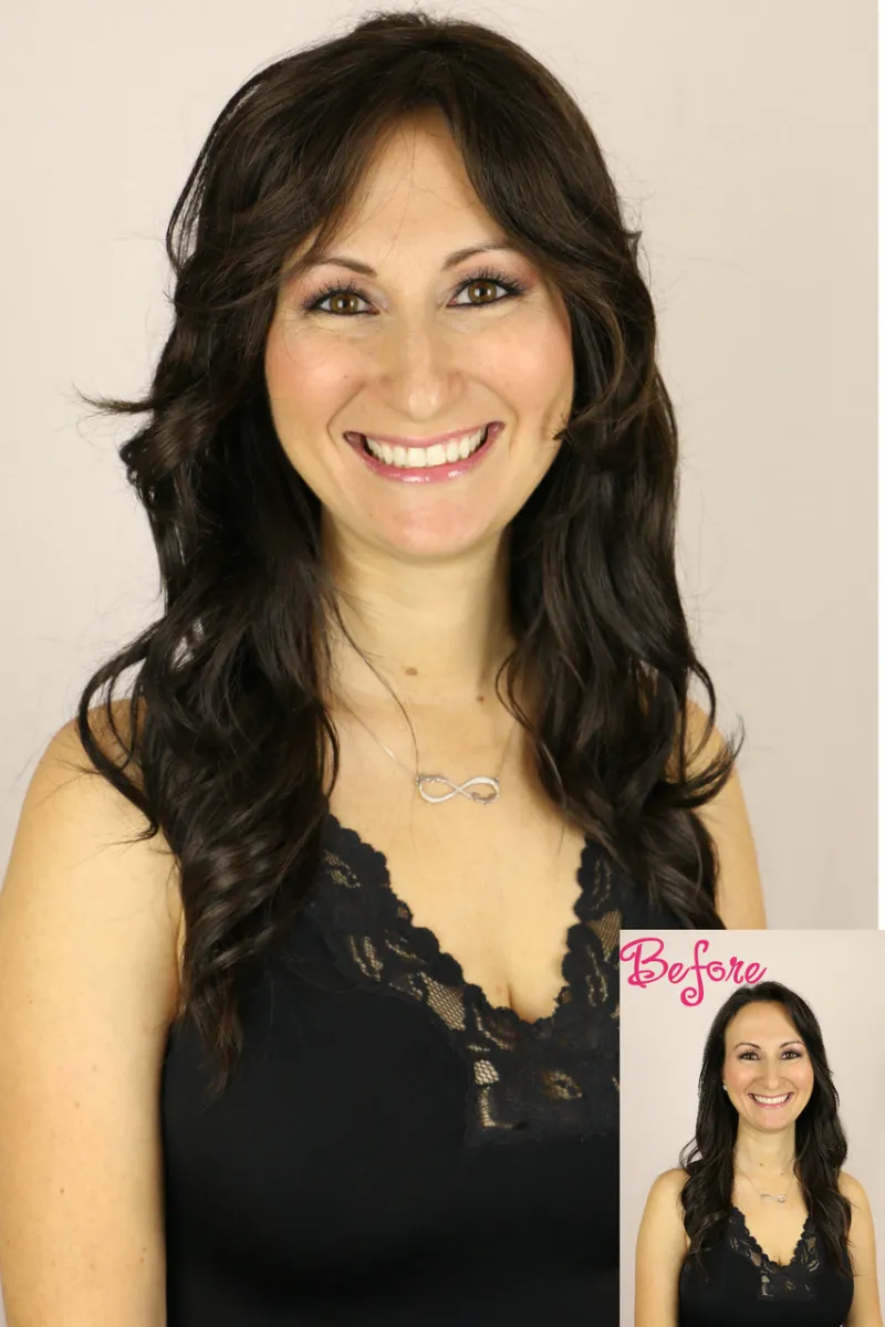 Godiva's Secret Wigs Mono Wavy Top, monofilament hair topper with wavy texture and bangs