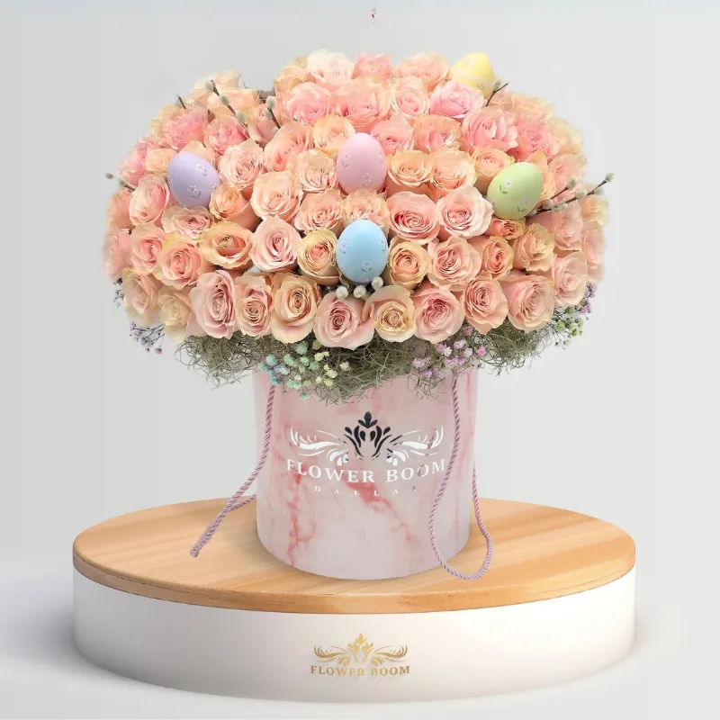 Flower Boom Dallas Pink Easter Roses bouquet with fresh light pink roses and Easter decor