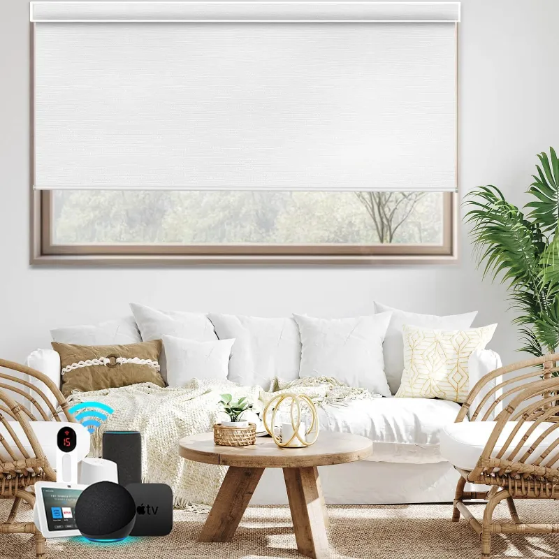 Bringnox Motorized Roller Shades 100% Blackout Cream shown in a cream fabric finish