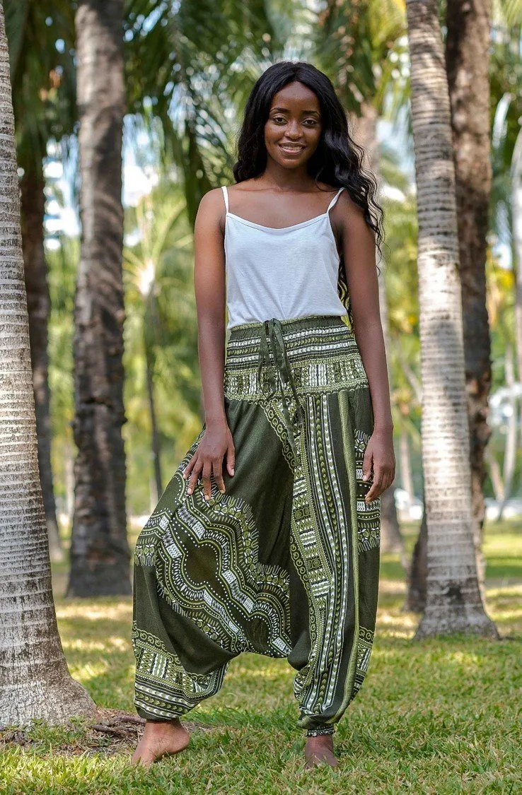 Hippie Pants Green Thai Hippie Pants harem style with smocked waist