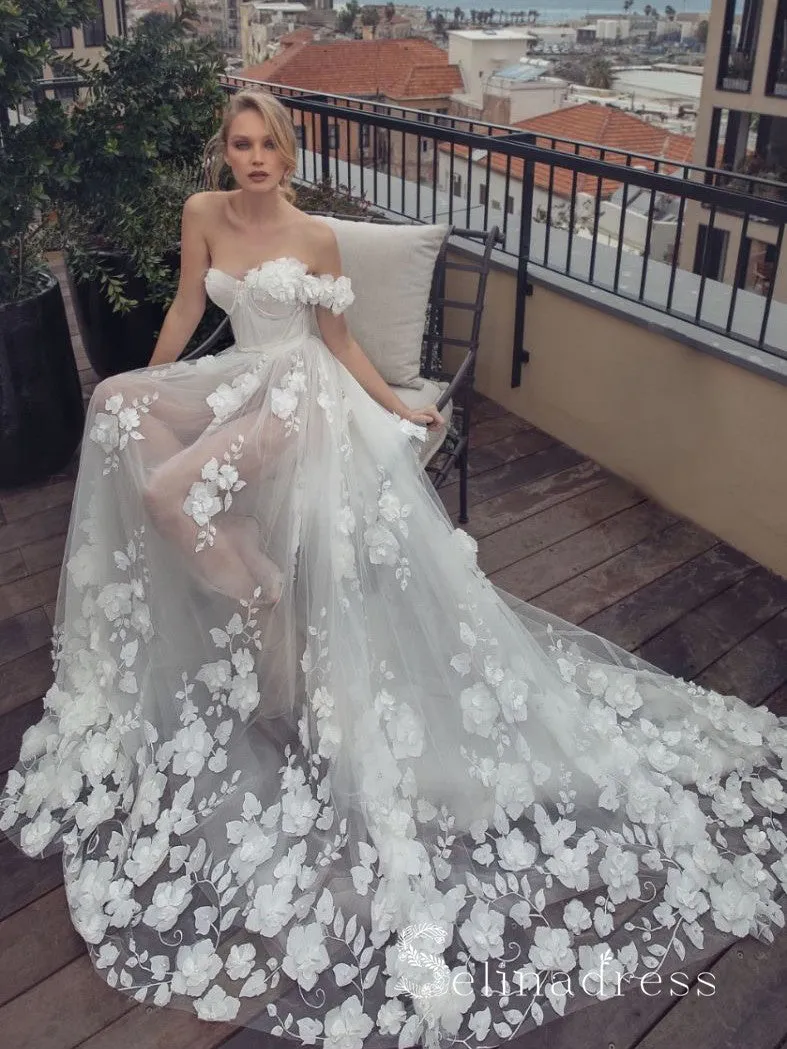 Selinadress A Line 3D Flower Floral Lace See Through Sweetheart Neck Wedding Dresses MLD004 showing tulle gown with floral lace bodice