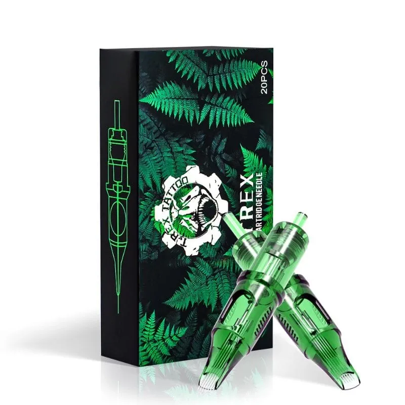 Ambition Tattoo TREX Tattoo Cartridge Needles Round Magnum in clear plastic housing with green accents