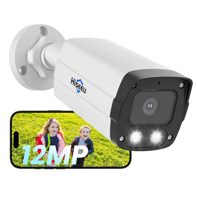 Hiseeu 12MP Wired PoE IP Bullet Camera with wide lens mounted on building