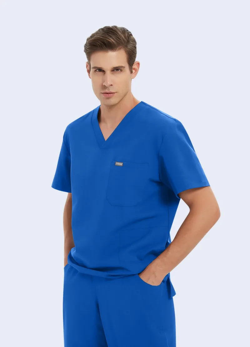 COMENII ProEase™ Essential Scrub Top Royal Blue, front view showing V-neck and chest pocket