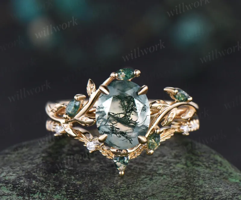 WillWork Jewelry 2ct oval cut moss agate engagement ring set 14k yellow gold 7x9mm antique bridal set twisted leaf promise ring set