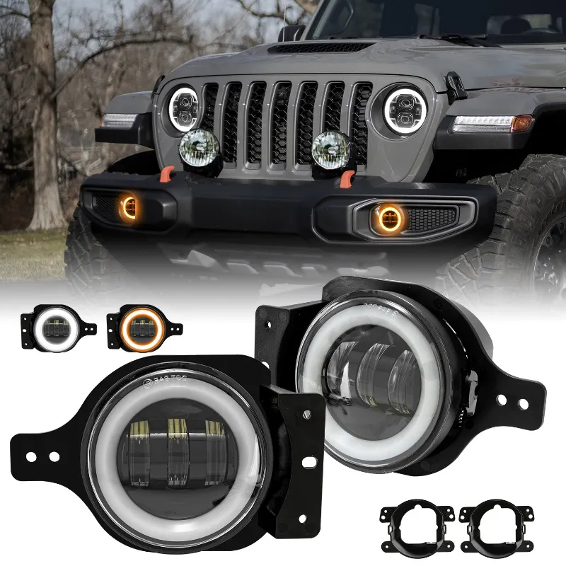 Sunpie 4-inch LED fog lights with DRL and amber turn signal for 2018-2026 Jeep Wrangler JL and Gladiator JT