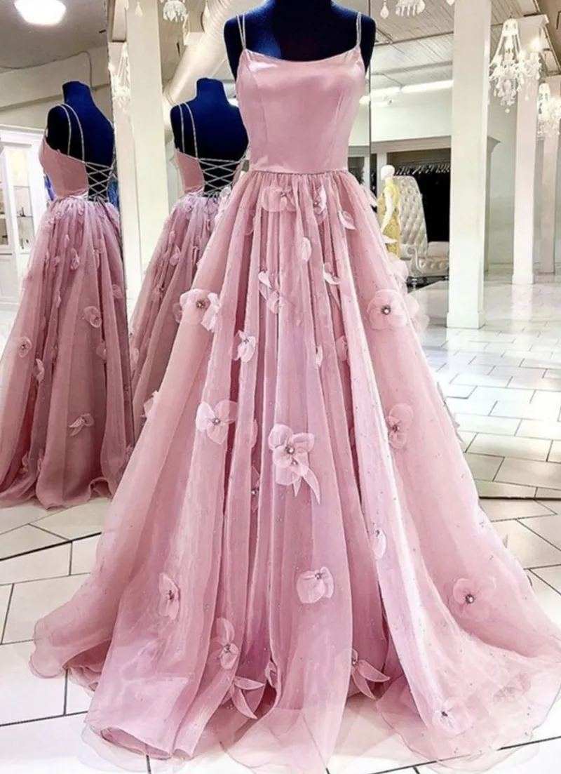 Selinadress A Line Backless Pink Floral Long Prom Dresses showing pink backless gown with floral detail