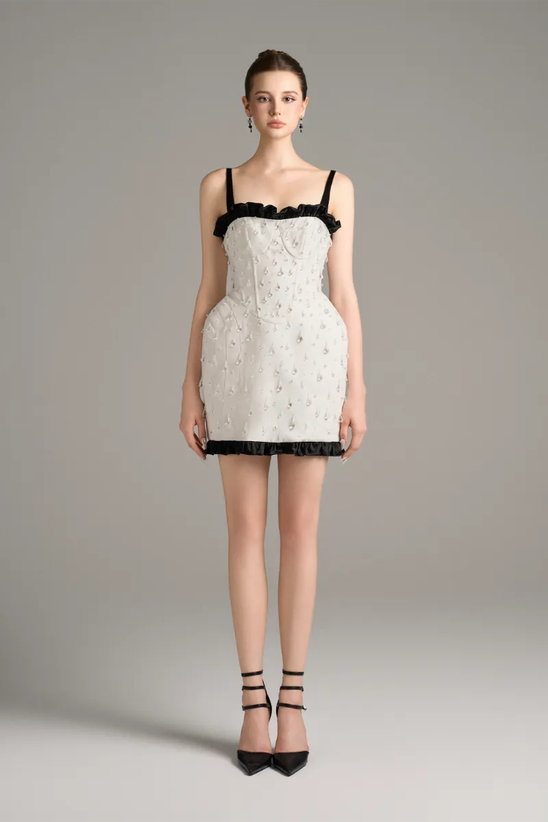 Kalisa Atelier Crystal Cascade Mini Dress With Black Ruffle Trim, beaded mini dress with crystal details