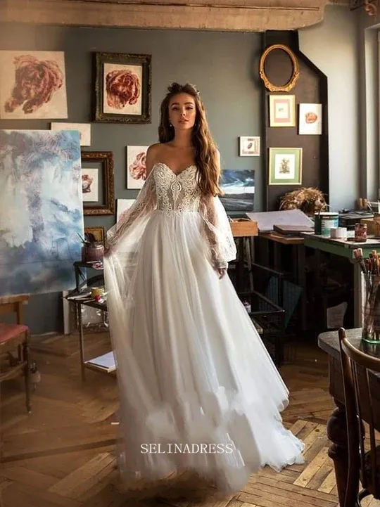 Selinadress A Line Scoop Long Sleeve Wedding Dresses Tulle Beach Wedding Dresses with lace applique