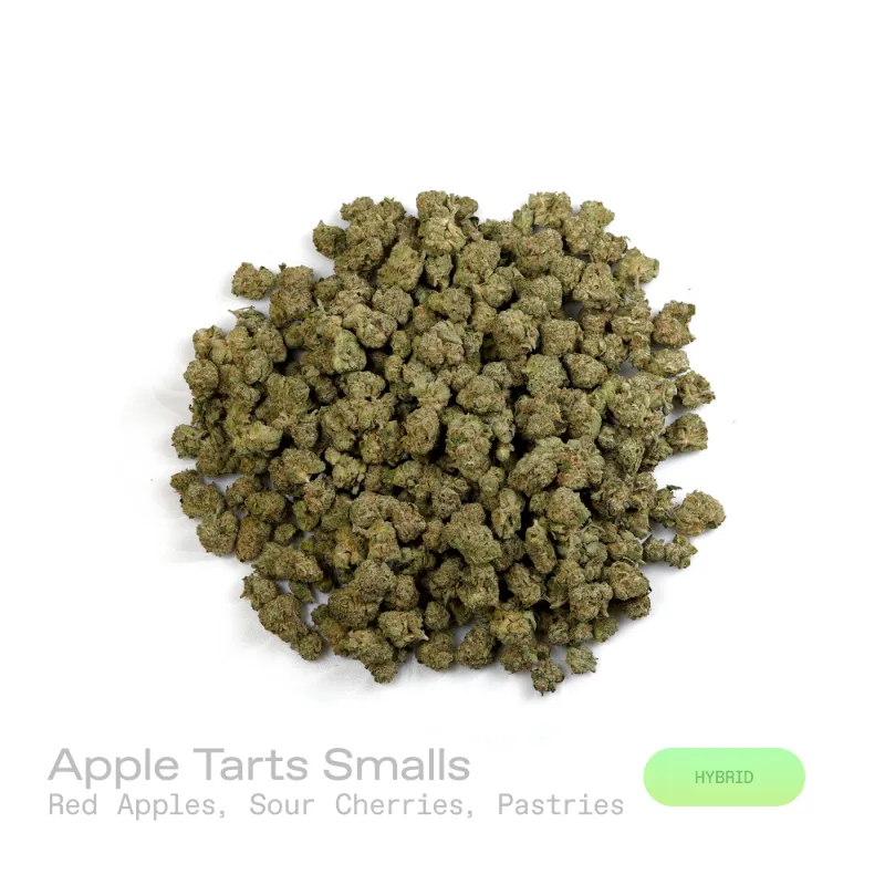 Hipuffy Apple Tarts THCa Flower (Exotic) (Hybrid) small chunky buds with green and purple coloring and orange pistils