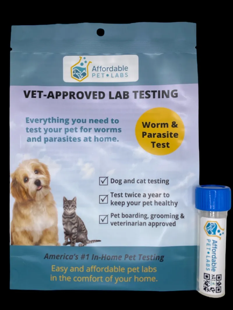 Affordable Pet Labs Treat Retest & Rest Easy™ kit packaging showing fecal test tube and medication packet