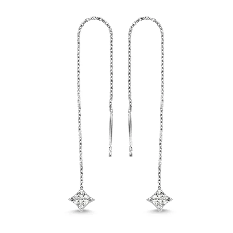 Amorium Jewelry Dainty Minimalist Diamond Shaped Threader Earrings, silver diamond-shaped drops with CZ crystals on threader chains