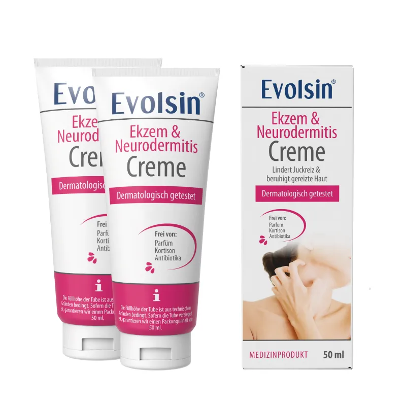 Evolsin Medical Ekzem & Neurodermitis Creme Doppelpack, two tubes of cortisone-free eczema cream