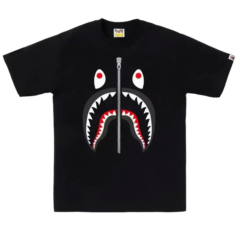 AfewVibe BAPE Shark Tee Black, Shark face graphic spanning full chest with eyes, teeth, and zipper detail