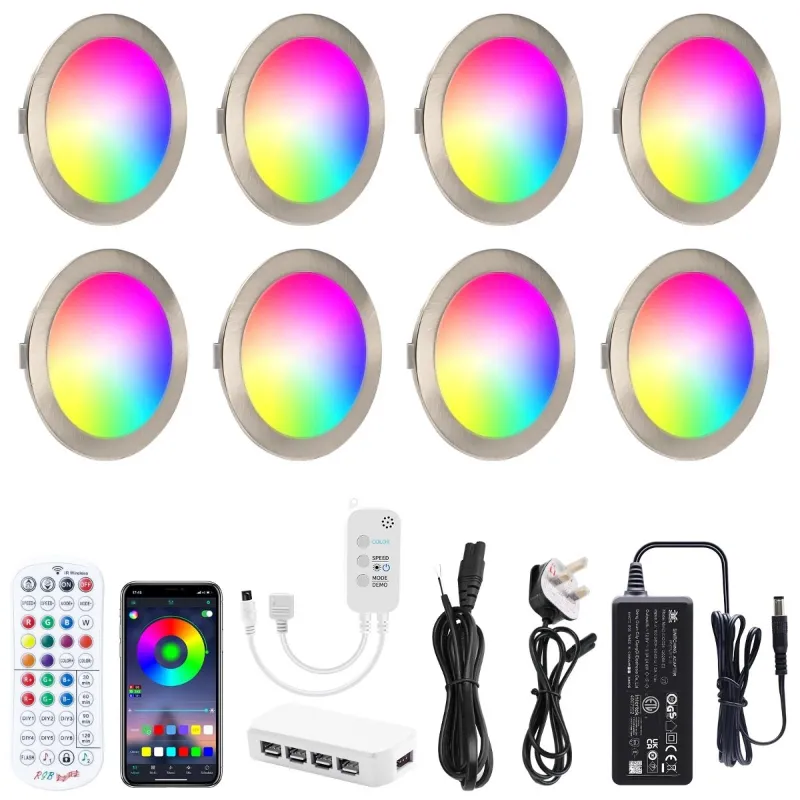 AIBOO RGB Under Cabinet Kitchen Lights 8 Pack Downlights for Ceiling Colour Changing Smart Under Cupboard Kitchen Lights Dimmable with Remot