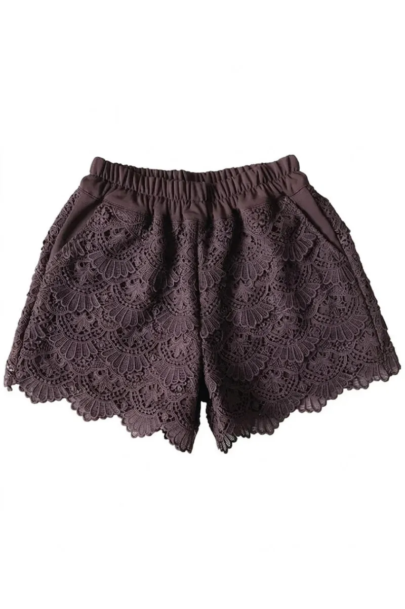 Cottagecore Clothes Dark Cottagecore Lace Overlay Shorts in dusty mauve with ornate guipure lace pattern