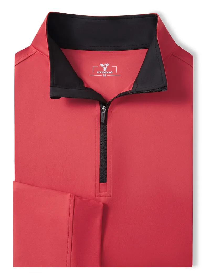 DTWOOO Solid Performance Quarter-Zip in oxford red, front view showing stand-up collar and half zipper