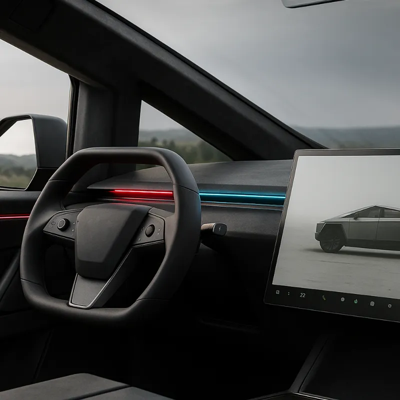 Tesstudio BSD Blind Spot Detection System with ambient lighting installed in Tesla Cybertruck cabin