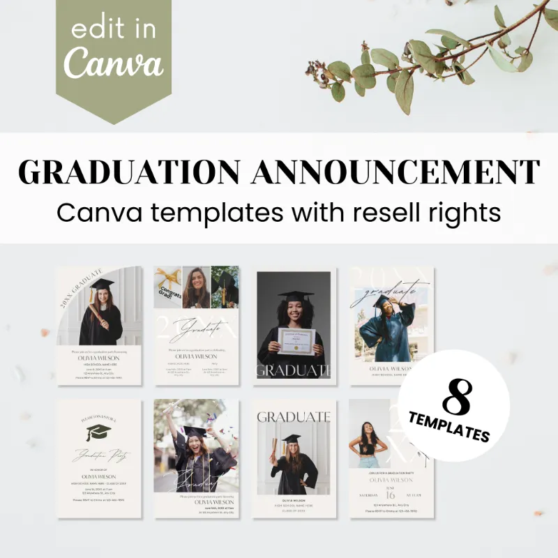 Purpose PLR Graduation Announcement Templates showing sample card designs in Canva