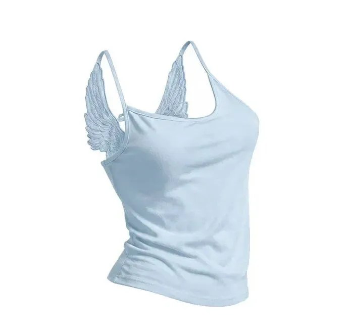 Cottagecore Clothes Ethereal Angel Wing 3D Back Cami Top in Baby Blue with raised wing embroidery