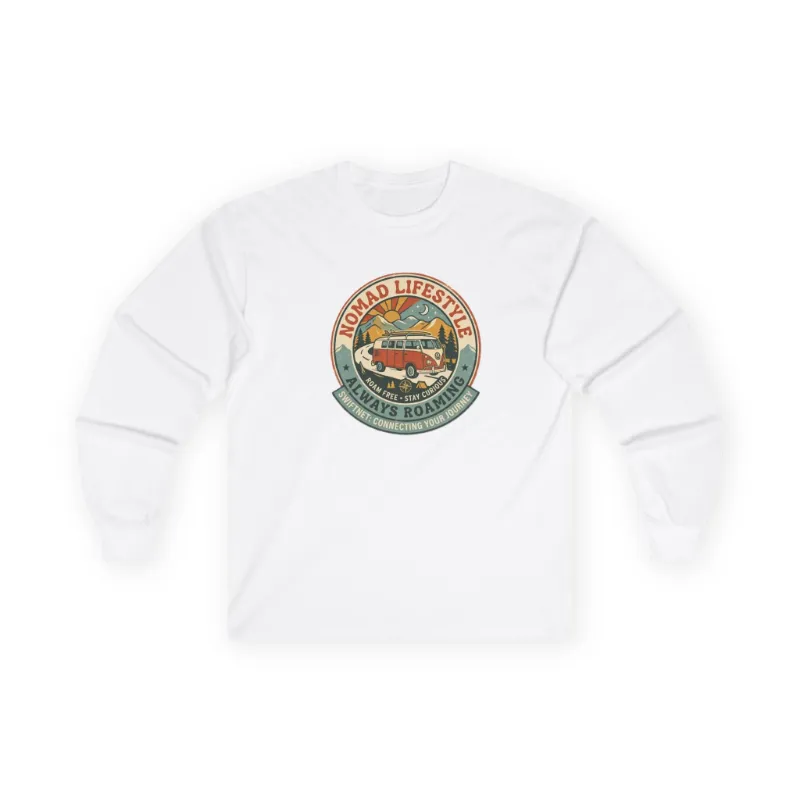 SwiftNetllc Nomad Lifestyle Long-Sleeve Tee with vintage retro camper scenic graphic, unisex cotton-blend shirt