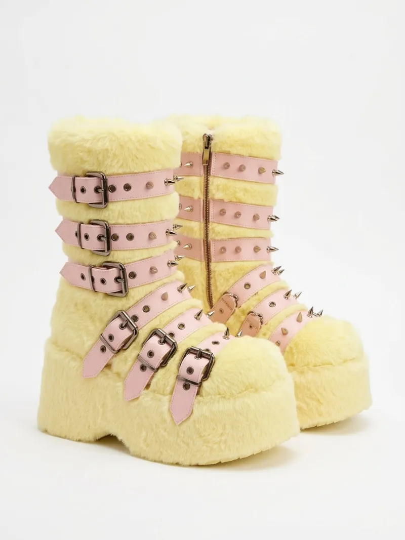 Shoptery Jirai Kei Pastel Faux Fur Platform Boots with Spiked Buckle Straps in plush furry finish with silver hardware