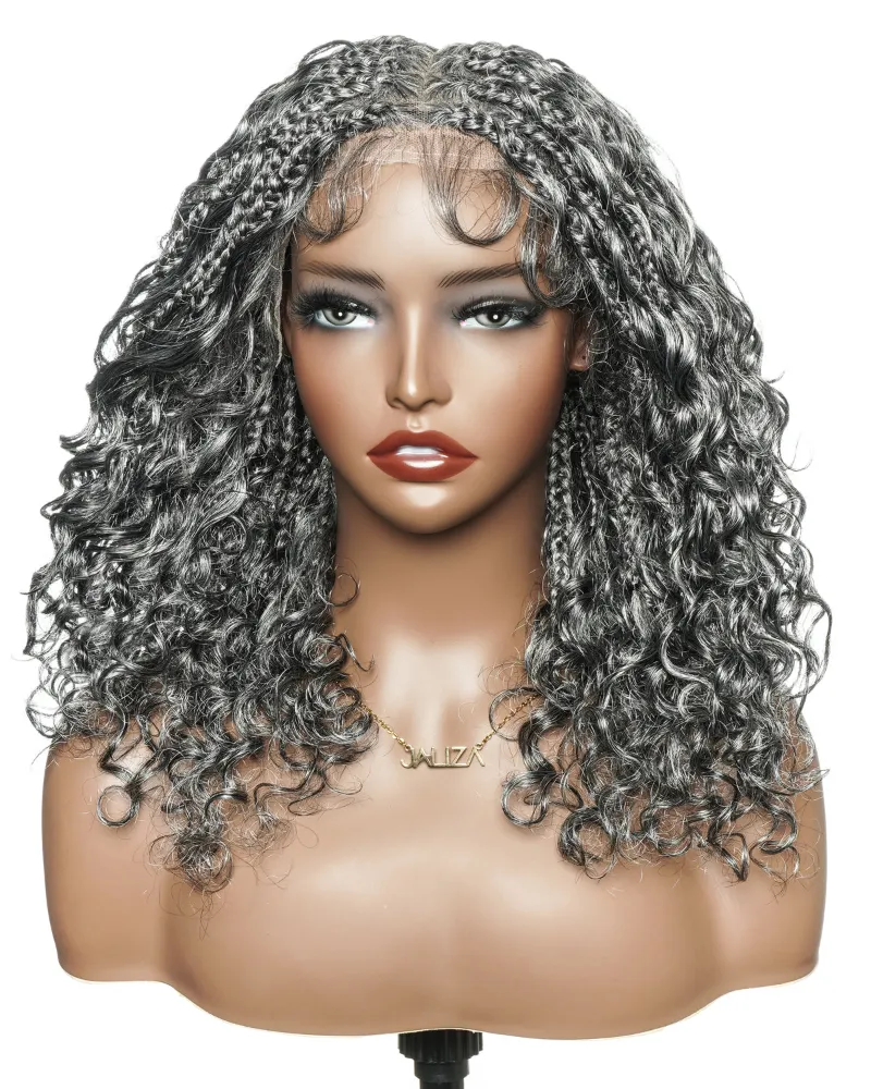 Jaliza 16 inch Salt & Pepper Deep Wave Curls Glueless HD Full Lace Boho Box Braided Wig in human hair and synthetic blend