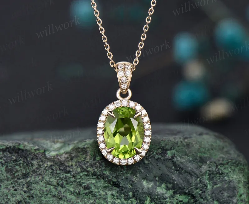 WillWork Jewelry 2ct oval cut peridot necklace solid 14k yellow gold vintage unique halo diamond necklace pendant women August birthstone an