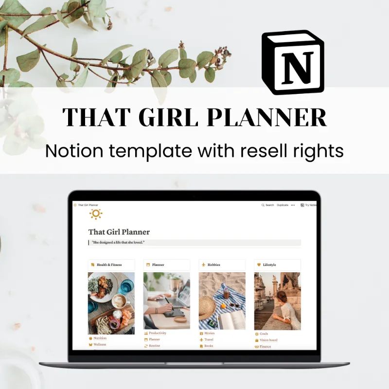 Purpose PLR That Girl Notion Life Planner Template showing planning pages