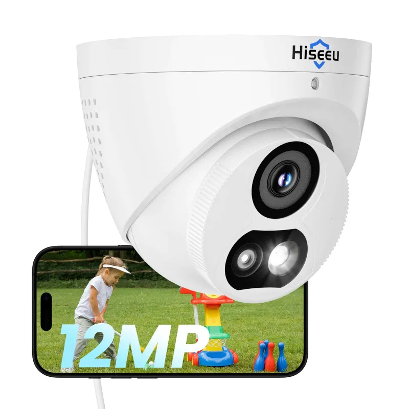Hiseeu 12MP 121° Wide View Wired PoE IP Dome Camera in white, mounted on wall