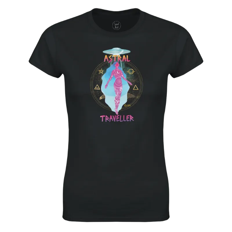 Spirit Nest Astral Traveller Crewneck T-shirt with celestial cosmic artwork on soft cotton tee
