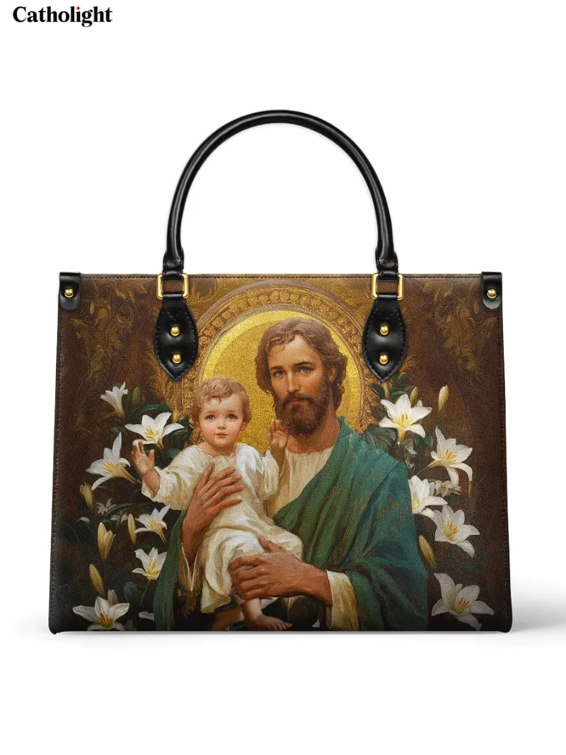 Catholight Guardian of Faith and Purity Leather Bag showing St. Joseph with Child Jesus and golden halo