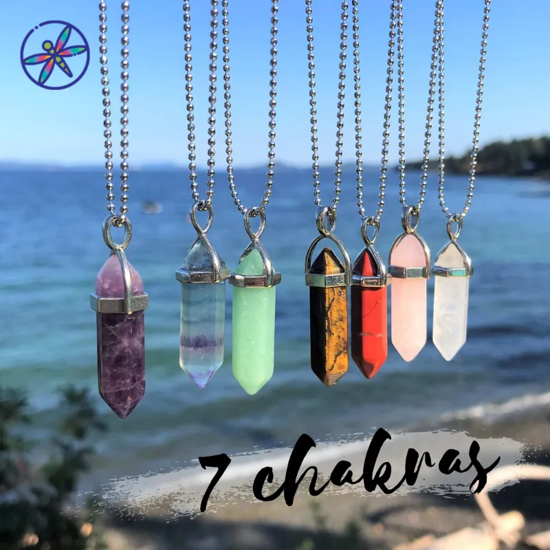 Turix 7 Chakras Crystal Necklace Set showing seven pointed crystal pendants on chains