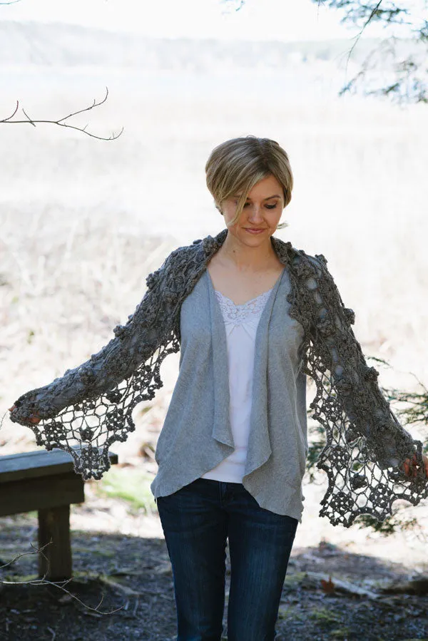 Kristen TenDyke Mandree shawl with crocheted motifs and decorative edging in merino blend