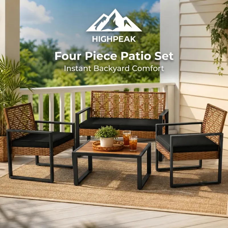 HighPeak 4 Piece Patio Set with light brown rattan chairs, cushions, and acacia wood table on an outdoor patio