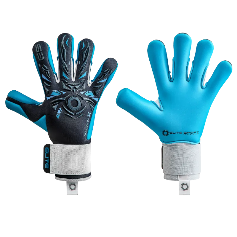 EliteSportUSA Revolution X Aqua 2026 - 2027 Goalkeeper Gloves showing Flash X cut and embossed backhand