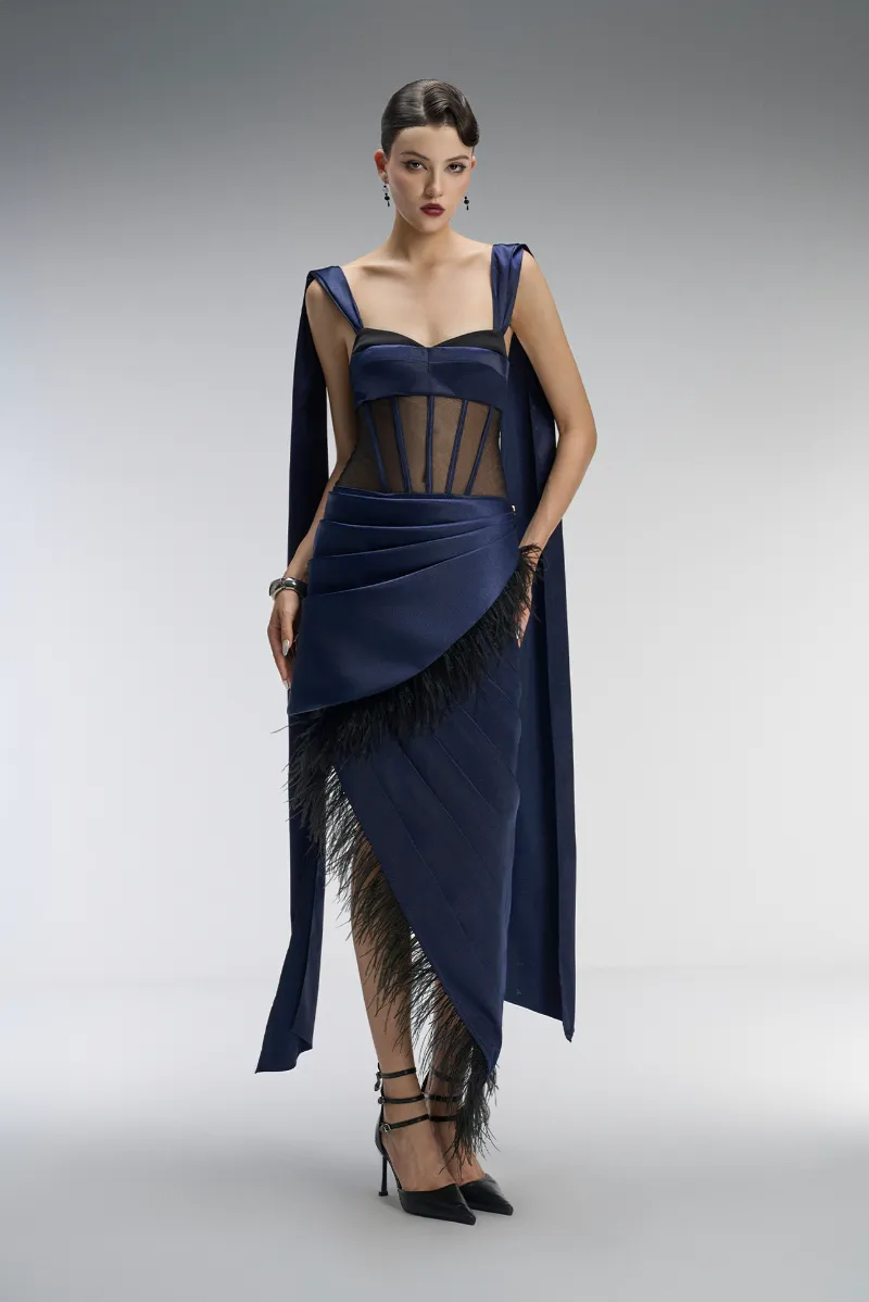 Kalisa Caspian Couture Corset Feather-trimmed Maxi Dress