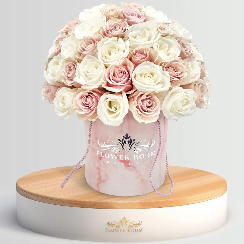 Flower Boom Dallas Cozy Luxe Pink & White Rose Box with light pink and white roses