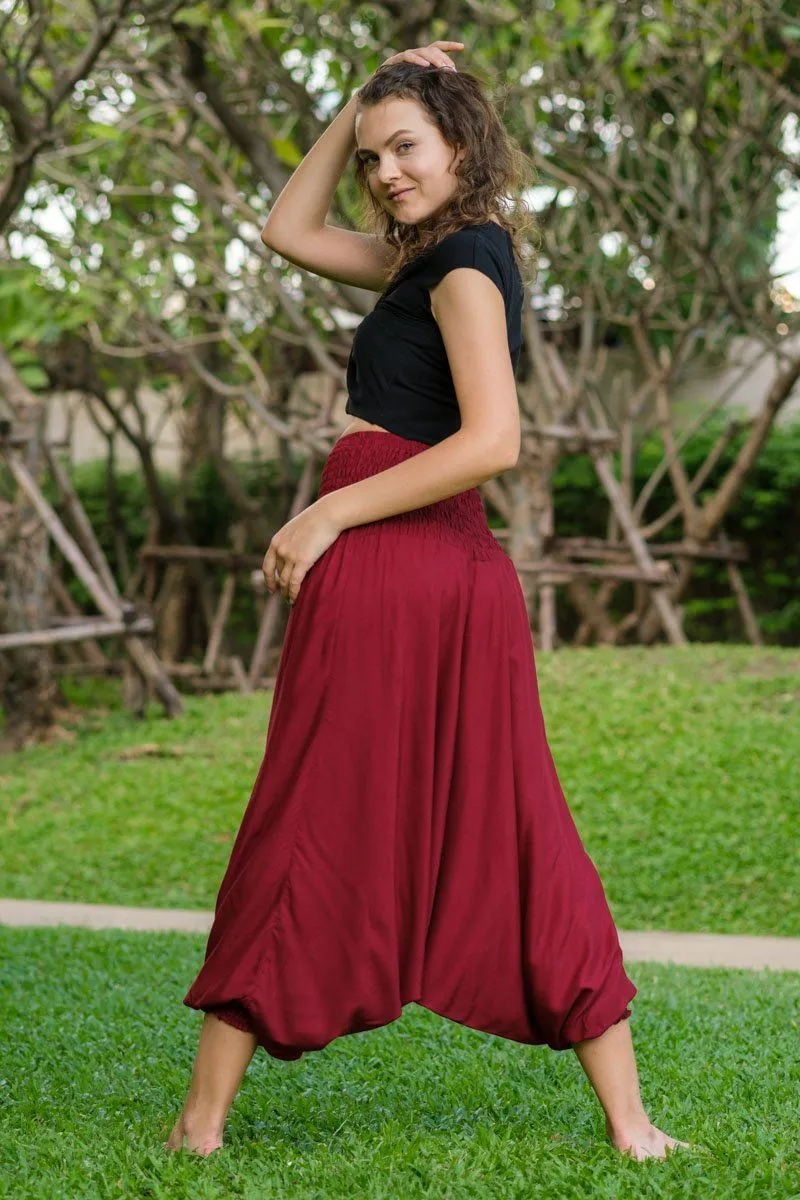 Hippie Pants Red Classic Pants, solid-color bamboo rayon harem pants, front view