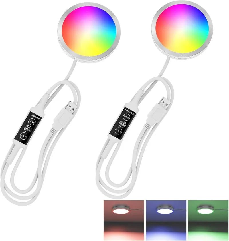 AIBOO Puck Lights 5V Single USB Powered RGB Under Cabinet Light 2 Pack
