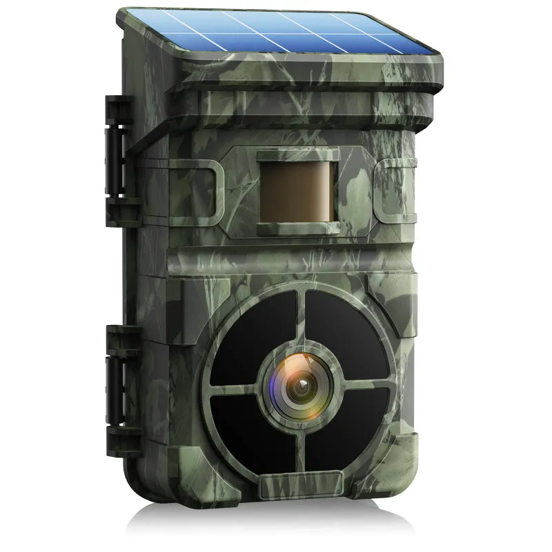 Voopeak TC15 solar trail camera mounted outdoors showing LCD screen and infrared sensors