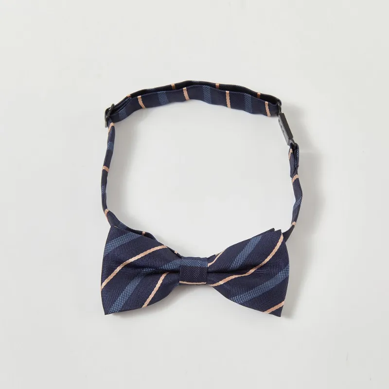 Wehilion Boys Navy Striped Bow Tie shown pre-tied with clip-on closure