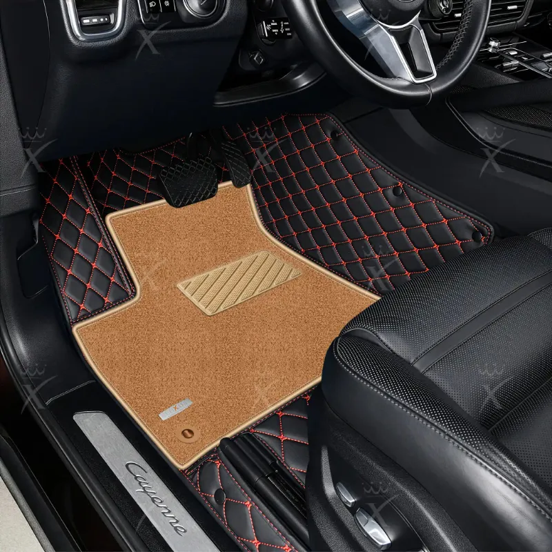 Luxus Car Mats double layer floor mat in black with red stitching and a beige top carpet